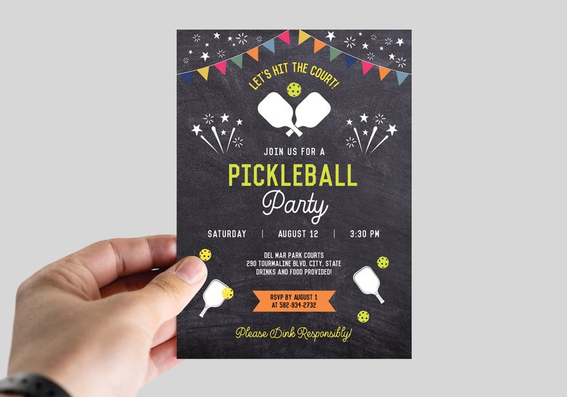 May include: A black and white invitation with colorful flags at the top. The text reads "Let's hit the court! Join us for a Pickleball Party. Saturday, August 12, 3:30 PM. Del Mar Park Courts, 290 Tourmaline Blvd, City, State. Drinks and food provided. RSVP by August 1 at 582-834-2732. Please Dink Responsibly!"