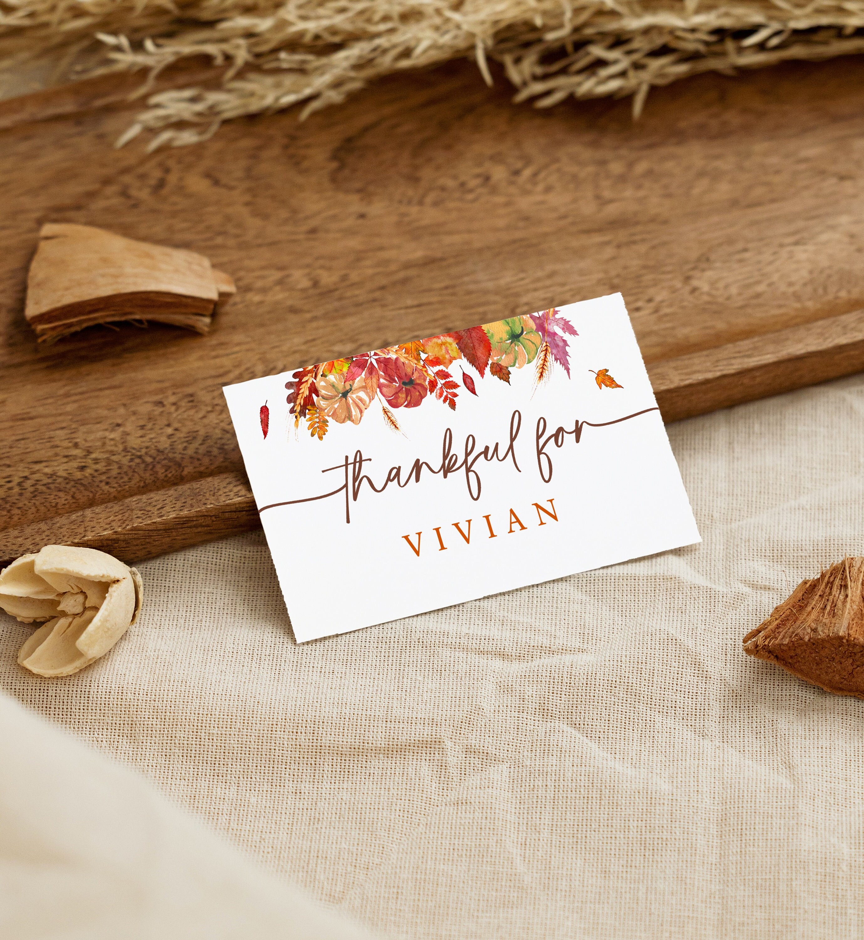 Thanksgiving Thankful For Place Card Template, Editable, Friendsgiving Place Card Fall, Leaves Pumpkin, Instant Download, Folded and Flat
