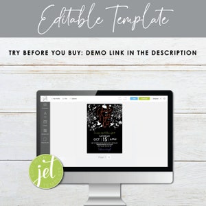 May include: A computer screen displaying a digital design template for a Halloween party invitation. The invitation features a black background with white text and graphics, including ghosts, bats, and a spider web. The text reads "Ghosts Night Out" and "Saturday, Oct 15, 6 PM".