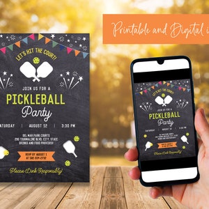 May include: A printable and digital invitation for a pickleball party. The invitation features a chalkboard background with colorful flags, fireworks, and a pickleball paddle graphic. The text on the invitation reads "Let's Hit the Court!" and "Join us for a Pickleball Party". The date, time, and location of the party are also included.