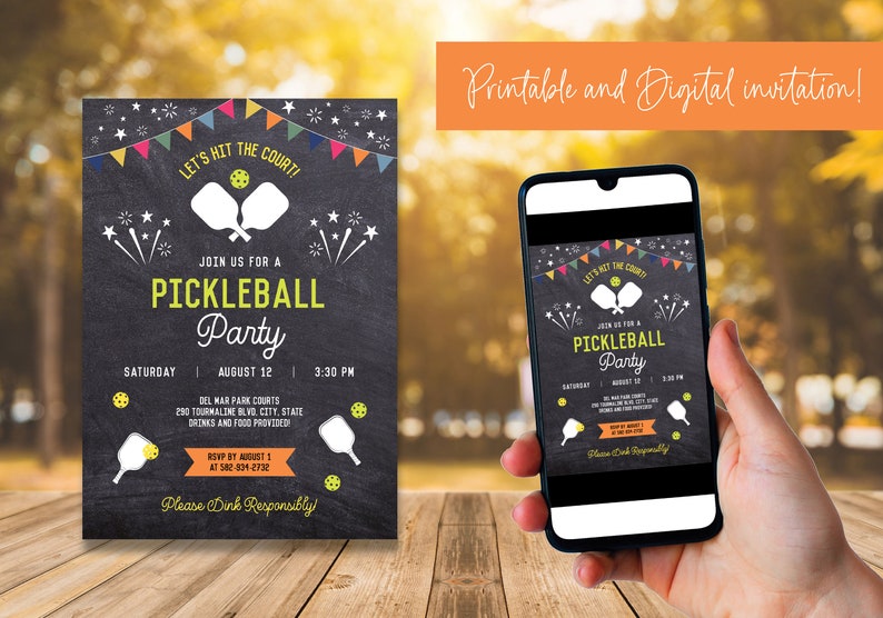 May include: A printable and digital invitation for a pickleball party. The invitation features a chalkboard background with colorful flags, fireworks, and a pickleball paddle graphic. The text on the invitation reads "Let's Hit the Court!" and "Join us for a Pickleball Party". The date, time, and location of the party are also included.