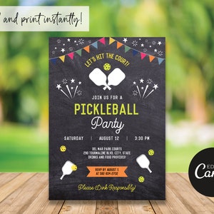 May include: A black and white printable invitation for a pickleball party. The invitation features a chalkboard background with colorful pennant flags, a white pickleball paddle, and the text "Let's hit the court! Join us for a pickleball party." The invitation also includes the date, time, and location of the party.
