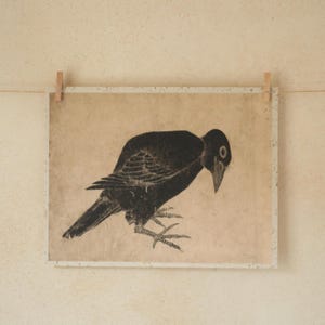 May include: Black and white illustration of a crow with a downward gaze. The artwork is framed and suspended by a wooden clip and string against a neutral background. The crow's feathers and details are visible.