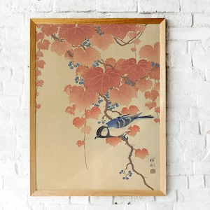 Songbird on Leafy Branch, Classical Japanese Watercolor, Warm Autumnal and Pastel Palette, Zen Decor, Vintage Printable Wall Art