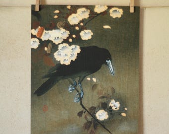 Crow and Blossom Giclee Art Print: Vintage Japanese Decor