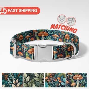 Mushroom Dog Collar Personalized with Name Boy Girl Enchanted Forest Nature Botanical Print Stylish Durable Trendy Handmade, Puppy Collar