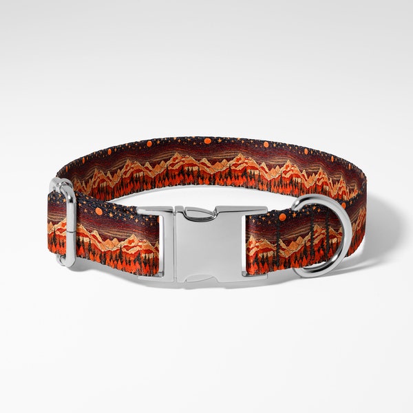 Dog Collar With Printed Name Tag Nature Forest Treeline Mountains Aurora Cute Bright Handmade Girl Boy Small Medium Large Male Female