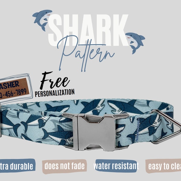 Handmade Custom Personalized Designer Girl Boy Blue Sea Nautical Shark Dog Collar With Name Small Medium Large Male Female Metal Buckle