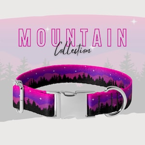 Personalized Dog Collar Boy Girl Aurora Northern Lights Forest Mountains Durable Handmade Hiking and Outdoor Adventure, New Puppy Collar