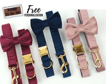 Soft Luxury Velvet Custom Personalized Dog Collar Leash Bow Tie Set with Name Tag Wedding Gift Cute Designer Boy Girl Adjustable Male Female