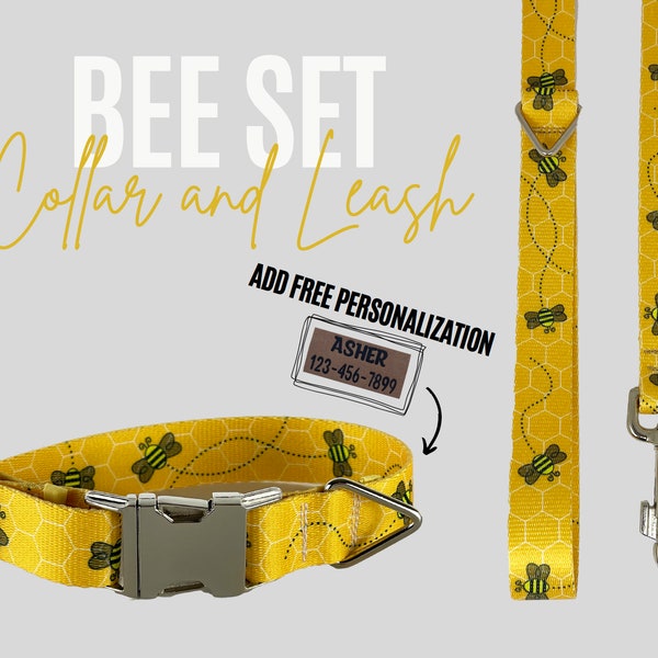 Personnalisé Personnalisé Assorti Jaune Bourdon Abeille Chien Collier Et Laisse Set Avec Nom Garçon Fille Petit Moyen Grand Mâle Femelle Boucle métallique