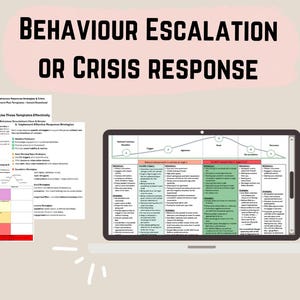 May include: A laptop screen showing a behaviour escalation or crisis response chart. The diagram details stages and strategies. A printed document with instructions and a colour-coded chart is also visible.