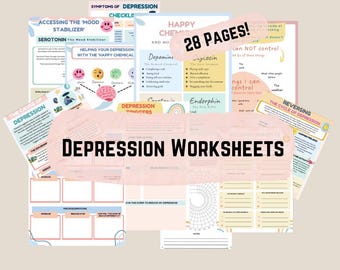 Paquete de 28 hojas de trabajo sobre la depresión en espiral. Hojas de trabajo de terapia TCC, TCD, ansiedad, salud mental, mentalidad de crecimiento, PDF imprimible, plan de seguridad.