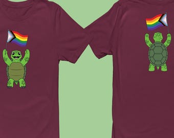LGBTQ Pride Tortoise Tee: Cute Turtle Holding Rainbow Flag, Ally Support Graphic Shirt