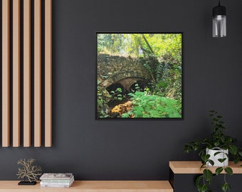 Framed Canvas Print, Square, Stone Bridge - Valley Center, California, USA, Photo of a Rock Bridge Hidden in a Secret Woodland of Vegetation