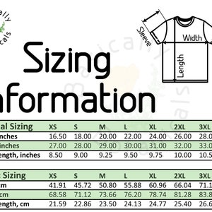 May include: Sizing chart for t-shirts in imperial and metric measurements. The chart shows the width, length, and sleeve length in inches and centimeters for sizes XS to 4XL.