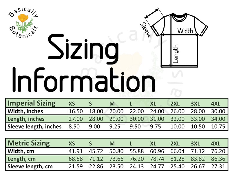 May include: Sizing chart for t-shirts in imperial and metric measurements. The chart shows the width, length, and sleeve length in inches and centimeters for sizes XS to 4XL.