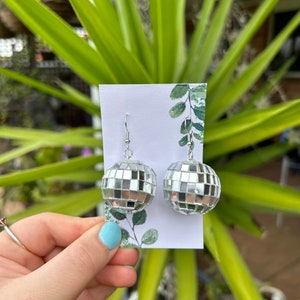 Disco Ball/Mirror Ball Dangle Novelty Earrings Silver