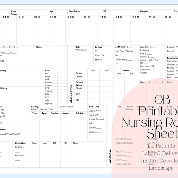 Labor and Delivery Nurse Report Sheet | 1-2 Patients | Printable | Labor & Delivery Nurse | Nurse Brain Sheet | Bachelor Degree Nurse