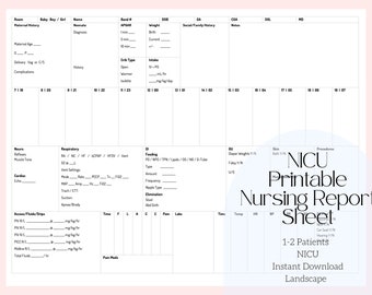 NICU Nurse Report Sheet | 1-2 Patients | Printable Report Sheet| NICU Nurse | Nurse Brain Sheet | Bachelor Degree Nurse