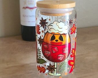 Fall season glass cup, wine glass cup, Libby glass with UV DTF designs, 16 oz glass cup, fall leaves design, Iced coffee/tea glass cup