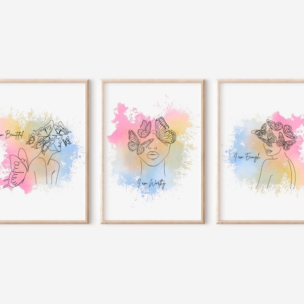 Affirmation Wall Art | Female Line Art | Home Decor | Colorful Art | Modern Art | Set of 3 | Inspiring Art | Digital Download | TSW | Eczema