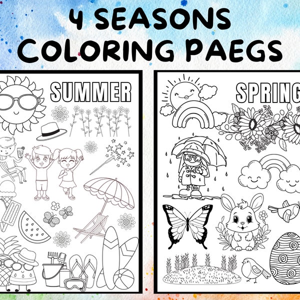 Page de coloriage imprimable pour les enfants Quatre saisons Téléchargement numérique Feuilles à colorier Activité amusante pour les enfants 4 saisons Livre de coloriage Éducation