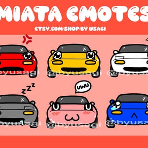 May include: Six cartoon Miata cars with different expressions. The cars are red, yellow, white, gray, pink, and blue. The text "MIATA EMOTES" is at the top of the image. The text "CTSY.COM/SHOP/BY USAGI" is below the cars.