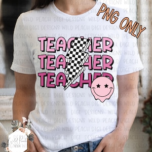 Retro Lehrer png//Rosa Lehrer png//Karierter Lehrer png//Karierter Blitzschlag png//Lehrer Sublimation //Lehrer Geschenk//Lehrer Shirt//