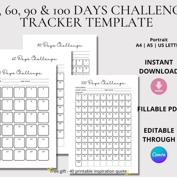 30 60 90 100 Days Goal Challenge Tracker | Gaol Challenge Tracker | Printable | Fillable PDF | Editable | A4 A5 US Letter | Instant Download