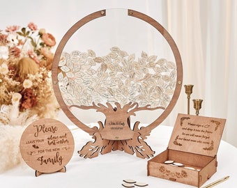 Wedding guest book alternative, Rustic Wooden Round Guest Book Frame, Tree Insert with Leaf Drops, wedding guest book ideas, Wedding Décor