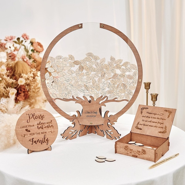 Wedding guest book alternative, Rustic Wooden Round Guest Book Frame, Tree Insert with Leaf Drops, wedding guest book ideas, Wedding Décor