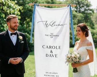 Custom Wedding Sign, Linen Wedding Welcome Sign, Modern Outdoor Wedding Banner, Personalized Wedding Decoration, Engagement Party Sign
