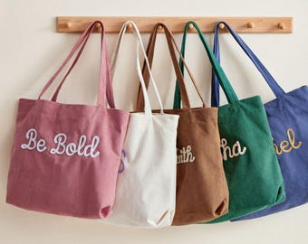 Custom Embroidered Corduroy Tote Bag — Personalized Name Weekend and Gym Essential, Trendy Everyday Tote & Gift for Her, Valentines Day Gift