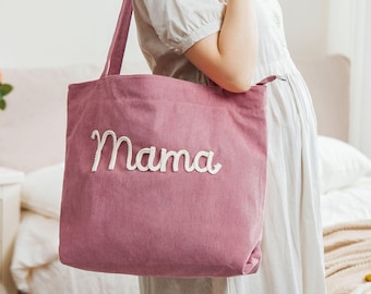 Personalized Embroidered Corduroy Tote Bag – Custom Name Gift for Mom, Friend, or Grandma | Christmas & Birthday Gift, Everyday Mom Bag