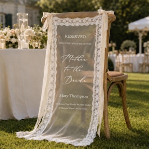 Letrero personalizado de encaje para silla conmemorativa de boda, letrero conmemorativo reservado, decoración de boda en memoria de un ser querido, regalo de condolencia, pancarta reservada/monumento a mascotas