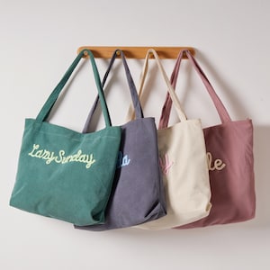 Personalized Embroidered Corduroy Tote — Bridesmaid Gift, Custom Name Tote Bag, Everyday Essential & Weekender, Christmas Gift for Her