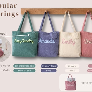 May include: Four corduroy tote bags in emerald green, French blue, cream, and pink, each with a matching mini pouch. The bags are personalized with embroidered names: "Lazy Sunday", "Amanda", "Emily", and "Bride". The bags can fit up to a 16" laptop.