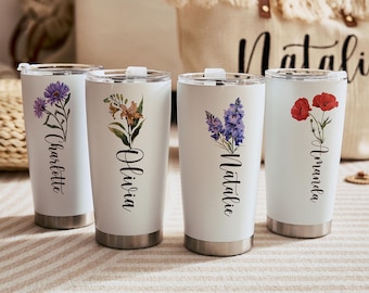 Personalized Birth Flower Tumbler with Name, Bachelorette Party, Wedding Party water glass Gifts, Custom bridal cups, Birth Flower Gift