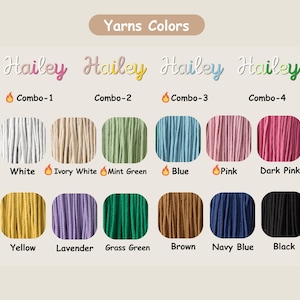 May include: A color chart of yarns with the name "Hailey" in various colors above each set of yarn colors. The yarn colors include white, ivory white, mint green, blue, pink, dark pink, yellow, lavender, grass green, brown, navy blue, and black.