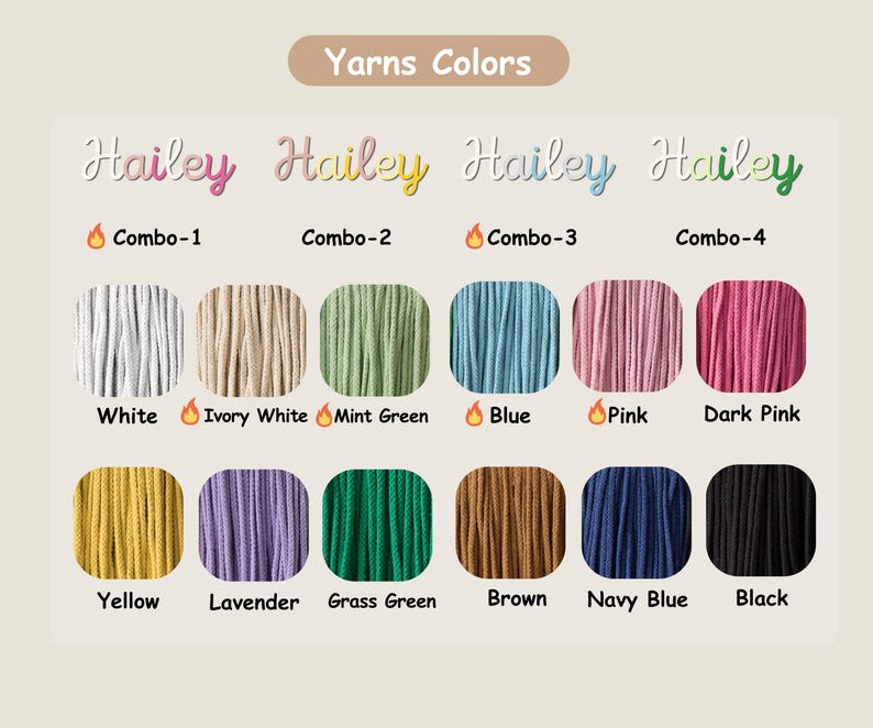 May include: A color chart of yarns with the name "Hailey" in various colors above each set of yarn colors. The yarn colors include white, ivory white, mint green, blue, pink, dark pink, yellow, lavender, grass green, brown, navy blue, and black.