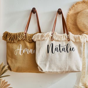 Brautjungfer Tragetaschen mit benutzerdefinierter Stickerei, Leinentaschen für Brautpartygeschenke, Boho Fransen-Strandtaschen für Bräute, Mädchen-Reisegeschenk