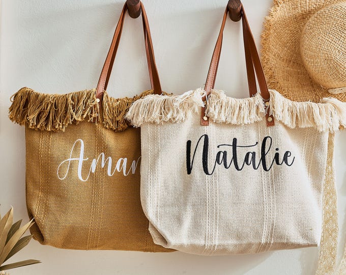 Bridesmaid Tote Bags with Custom Embroidery, Canvas Bags for Bridal Party Gifts, Boho Fringe & Beach Totes for Brides, Girls Trip Gift