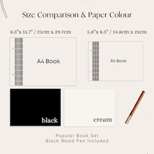 May include: Size comparison of two notebooks, one 8.3 inches by 11.7 inches and the other 5.8 inches by 8.3 inches. The larger notebook is labeled "A4 Book" and the smaller notebook is labeled "A5 Book". The notebooks are shown in black and cream colors. The text "Popular Book Set" and "Black Wood Pen Included" is also shown.