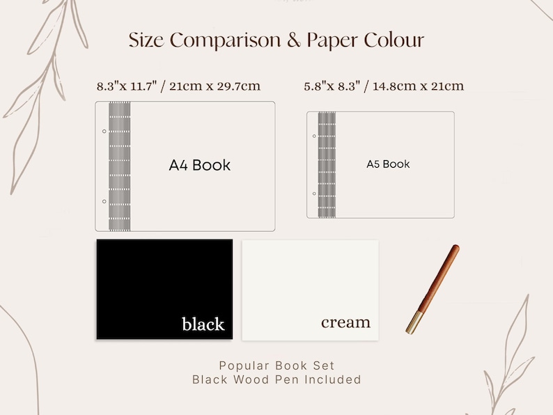 May include: Size comparison of two notebooks, one 8.3 inches by 11.7 inches and the other 5.8 inches by 8.3 inches. The larger notebook is labeled "A4 Book" and the smaller notebook is labeled "A5 Book". The notebooks are shown in black and cream colors. The text "Popular Book Set" and "Black Wood Pen Included" is also shown.