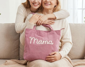 Gepersonaliseerde geborduurde corduroy draagtas – aangepaste naam cadeau voor moeder, vriend of oma | Kerst- en verjaardagscadeau, alledaagse moedertas