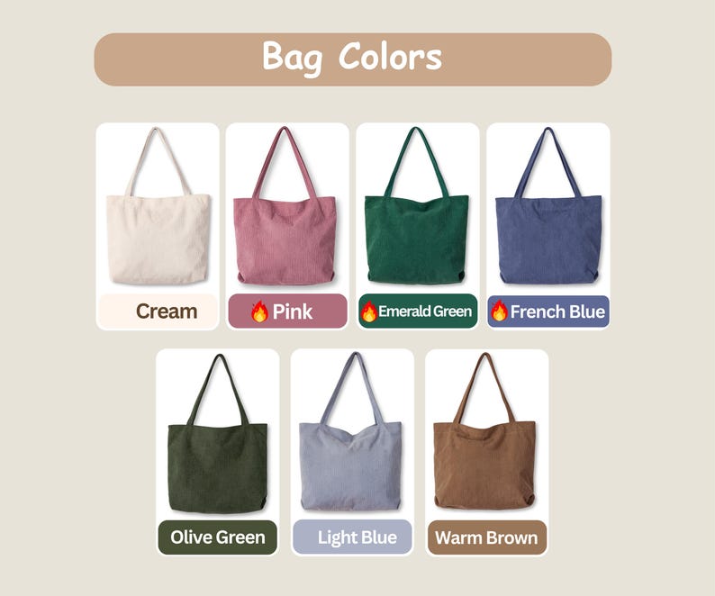 May include: Image showcasing eight tote bags in various colors: cream, pink, emerald green, French blue, olive green, light blue, and warm brown. The text "Bag Colors" is at the top. Each bag is displayed with its corresponding color name below.