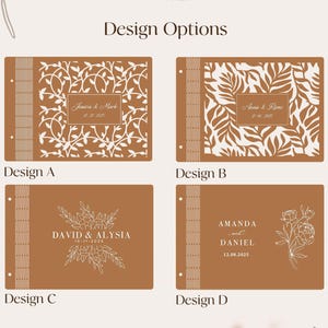 May include: Four different design options for a wedding guest book. Each design features a different pattern of leaves and branches with a space for the couple's names and wedding date. The designs are on a brown background.