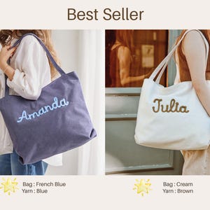 May include: Two tote bags, one French blue and one cream, are displayed. The French blue bag has "Amanda" embroidered in blue yarn. The cream bag features "Julia" in brown yarn. Both bags have long handles.
