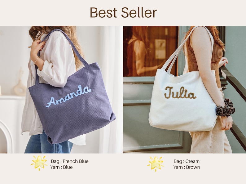 May include: Two tote bags, one French blue and one cream, are displayed. The French blue bag has "Amanda" embroidered in blue yarn. The cream bag features "Julia" in brown yarn. Both bags have long handles.